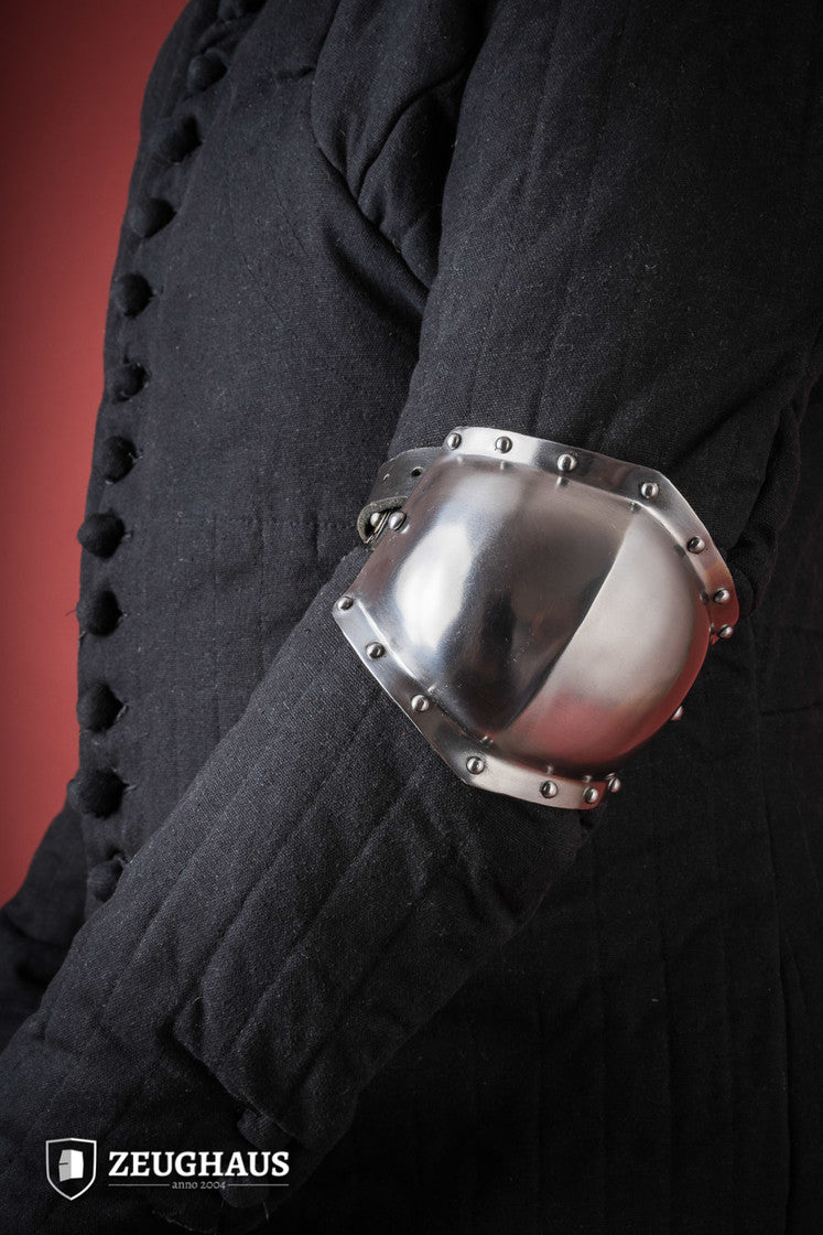 Polished 14th Century Elbow Caps with robust buckles and anti-rust interior, designed for LARP and historical reenactments.