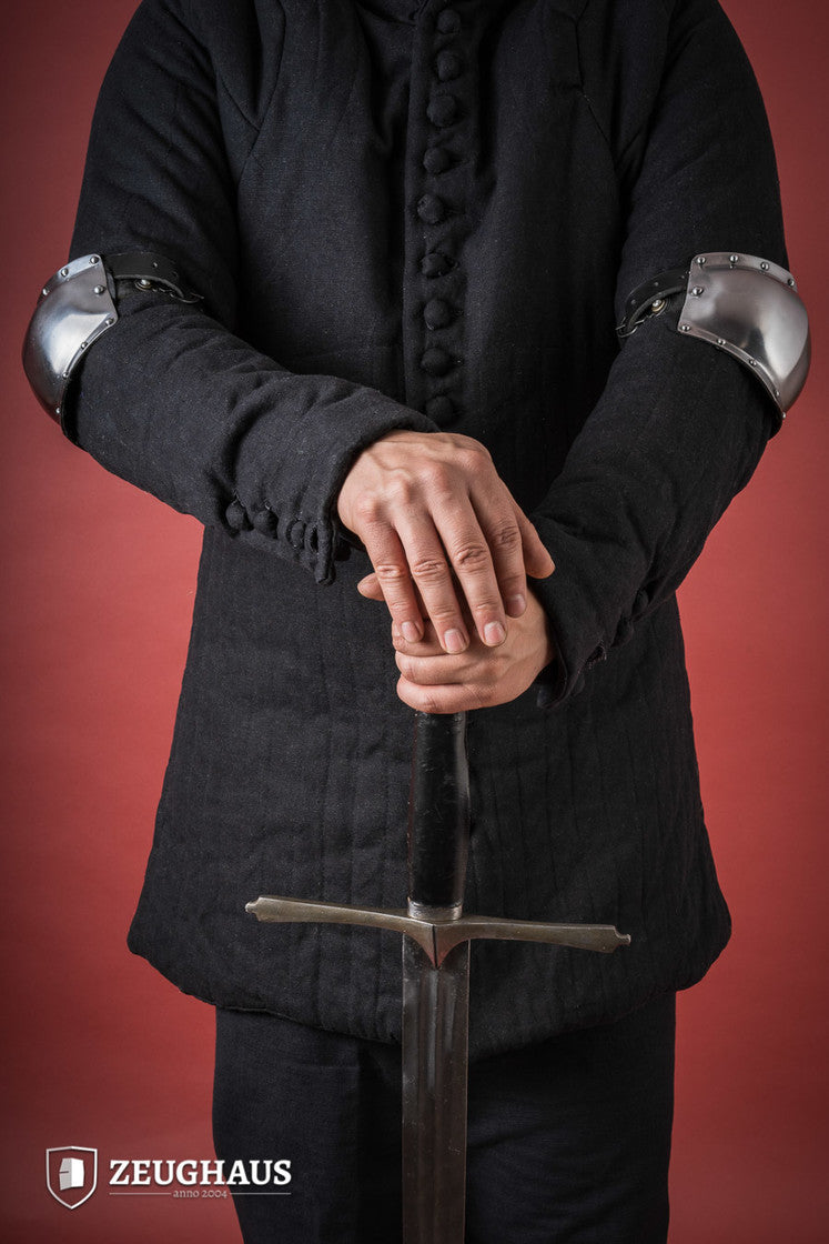 Polished 14th Century Elbow Caps with robust buckles and anti-rust interior, designed for LARP and historical reenactments.