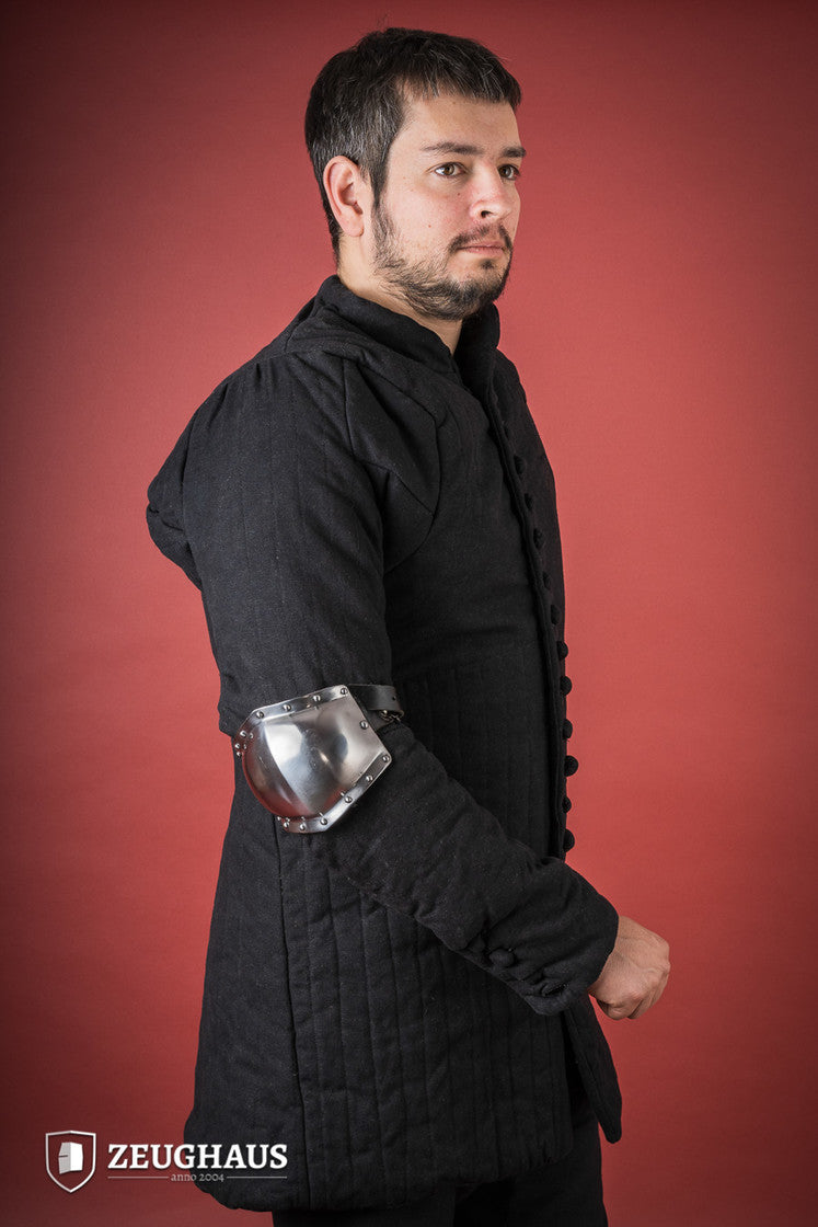 Polished 14th Century Elbow Caps with robust buckles and anti-rust interior, designed for LARP and historical reenactments.