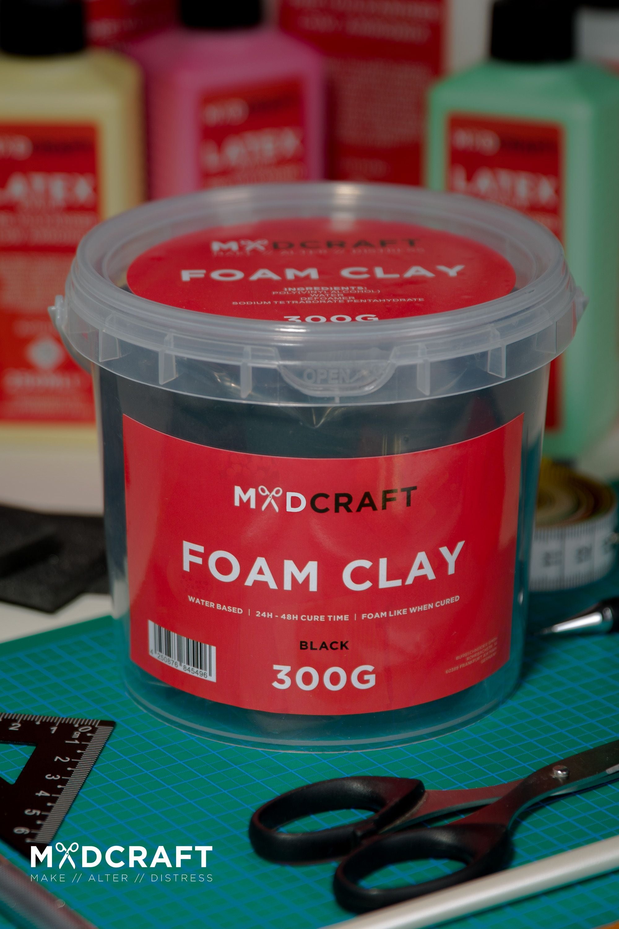 A 300g package of black foam clay, ideal for LARP and cosplay projects, showcasing its elastic texture and versatility.