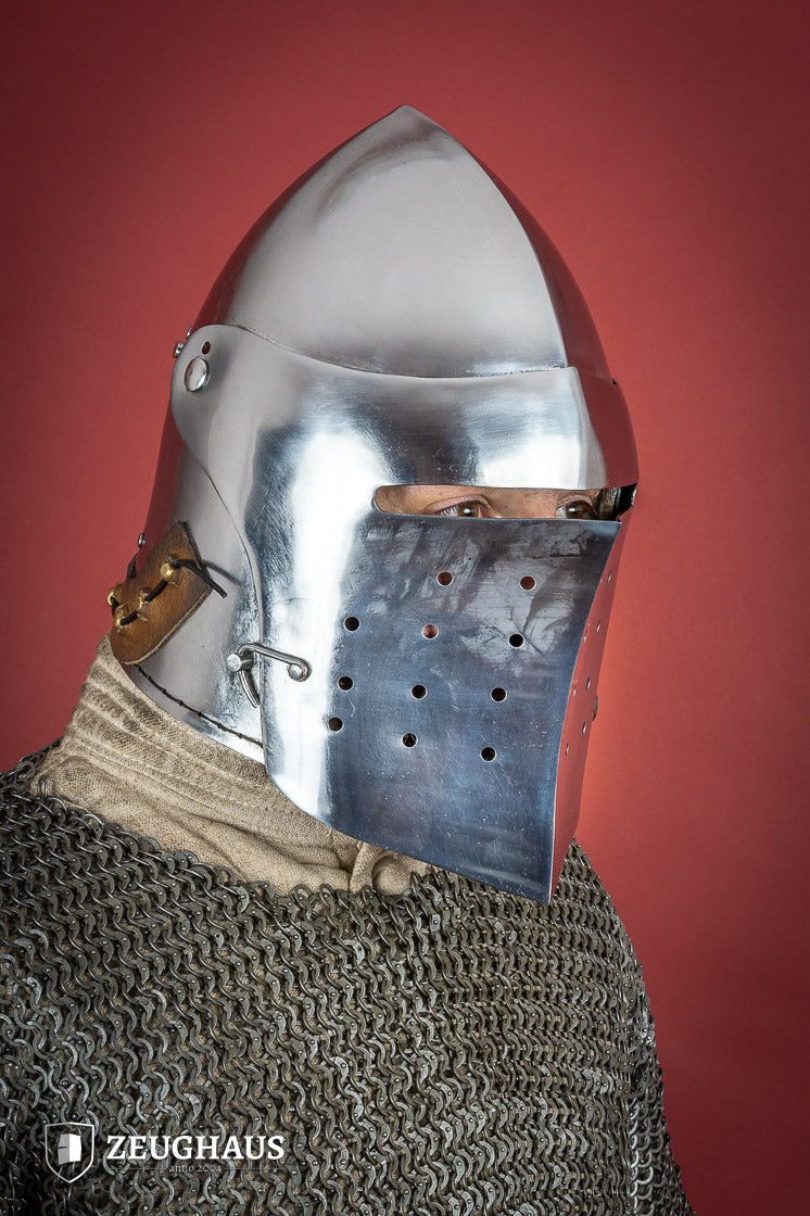 A polished 2mm steel Full Visor Bascinet Helmet with an adjustable visor and leather strap, showcasing its craftsmanship and design.