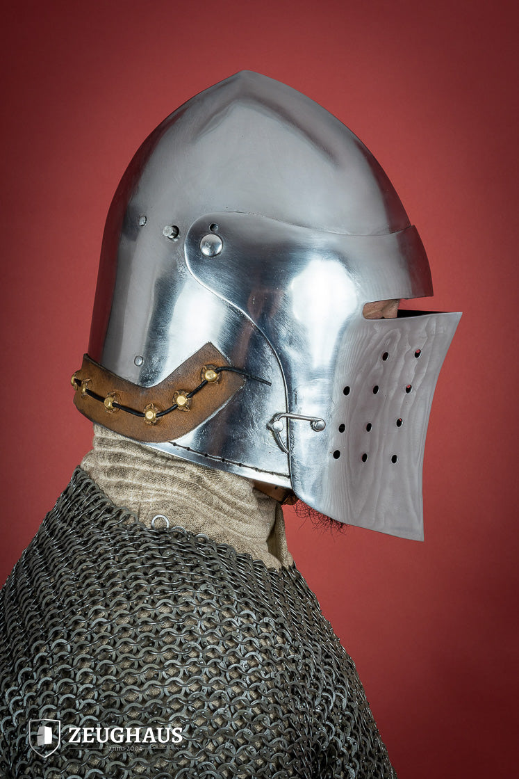 A polished 2mm steel Full Visor Bascinet Helmet with an adjustable visor and leather strap, showcasing its craftsmanship and design.