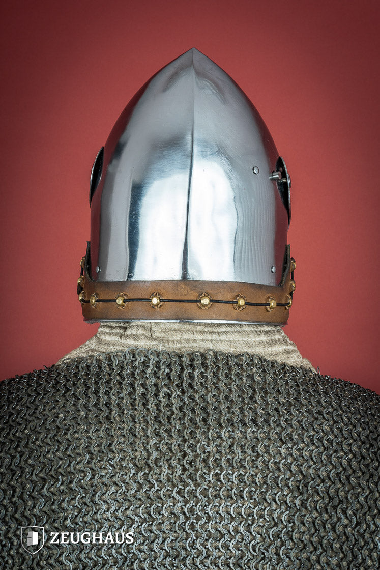 A polished 2mm steel Full Visor Bascinet Helmet with an adjustable visor and leather strap, showcasing its craftsmanship and design.