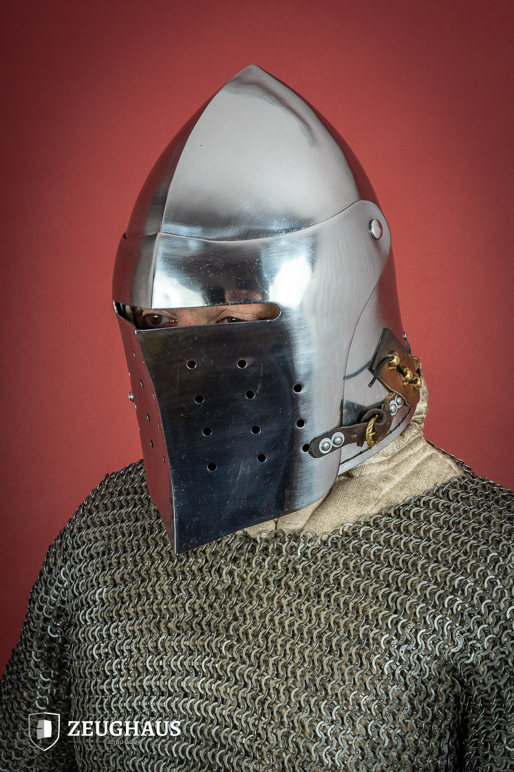 A polished 2mm steel Full Visor Bascinet Helmet with an adjustable visor and leather strap, showcasing its craftsmanship and design.