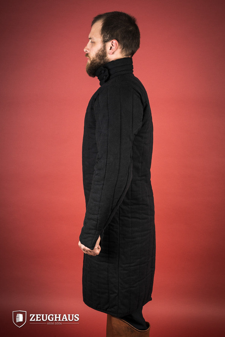 A detailed view of the 13th Century Black Gambeson featuring a stand-up collar and seamless construction, perfect for historical reenactments.