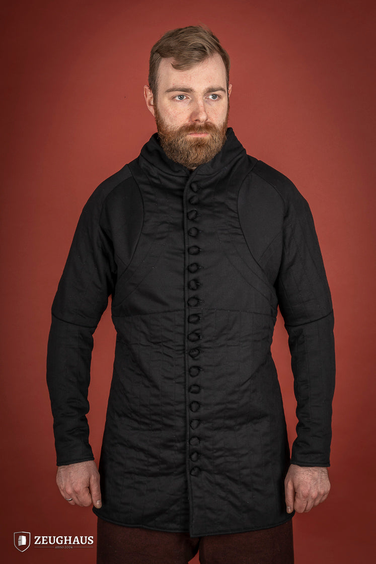 14th Century Black Gambeson featuring 100% cotton fabric and polyester padding, designed for mobility and protection.