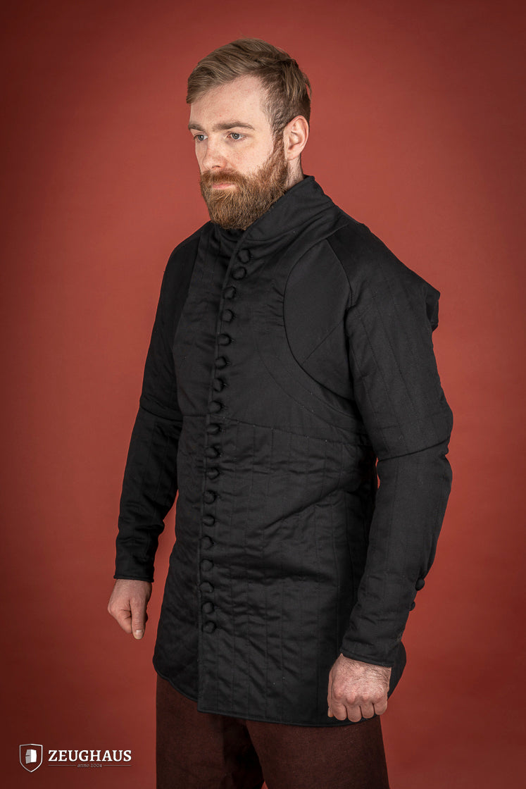 14th Century Black Gambeson featuring 100% cotton fabric and polyester padding, designed for mobility and protection.