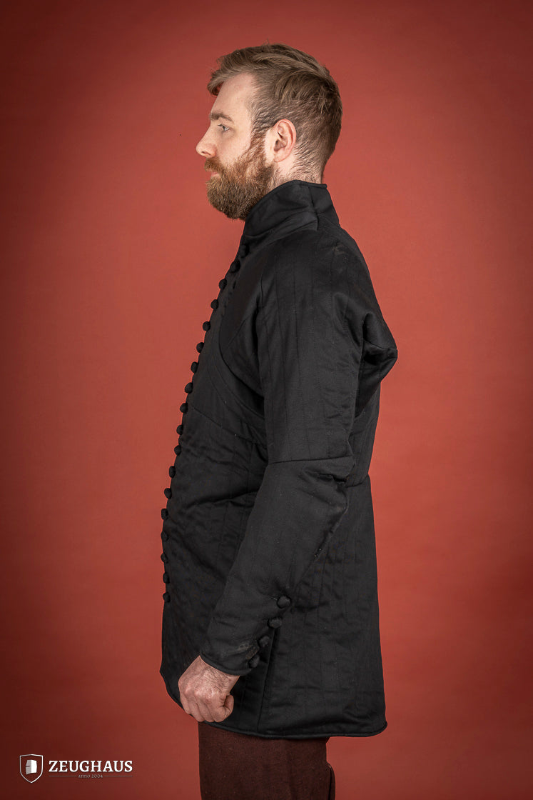 14th Century Black Gambeson featuring 100% cotton fabric and polyester padding, designed for mobility and protection.
