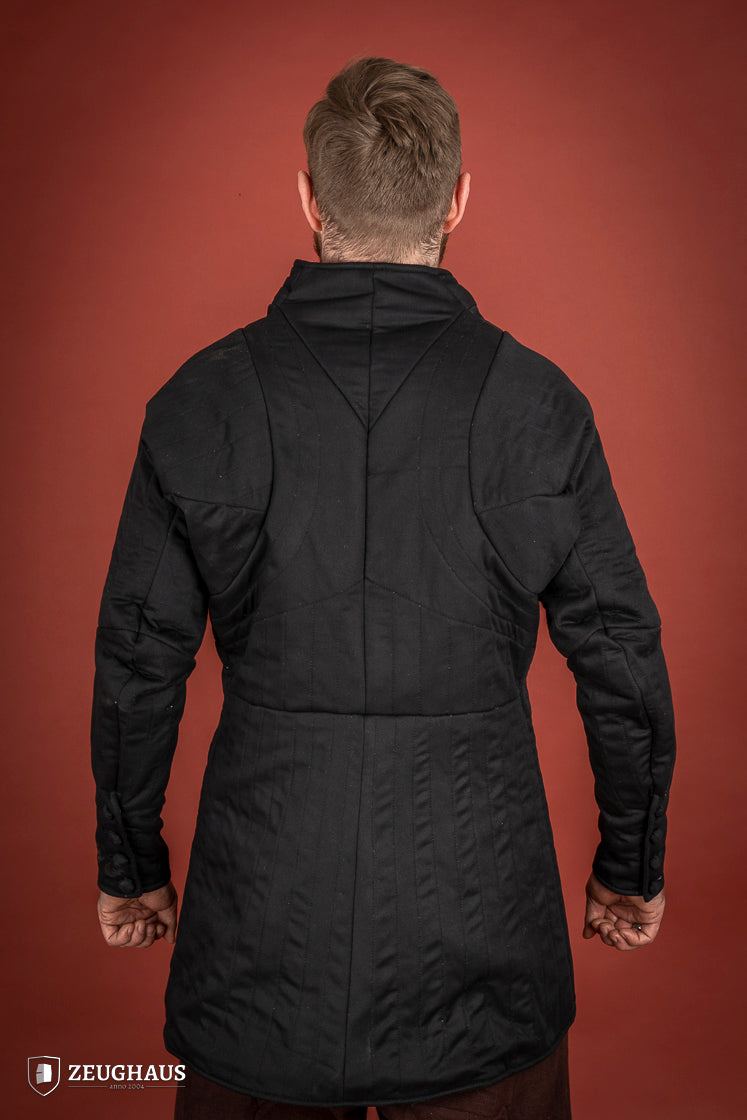 14th Century Black Gambeson featuring 100% cotton fabric and polyester padding, designed for mobility and protection.