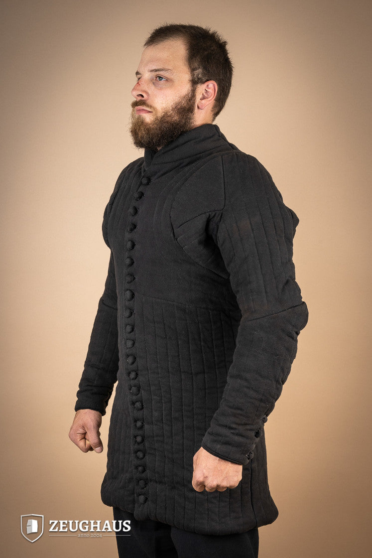 Gambeson 14th Cent. Black, a historical padded garment with button closure, inspired by Charles IV of France, showcasing medieval craftsmanship.