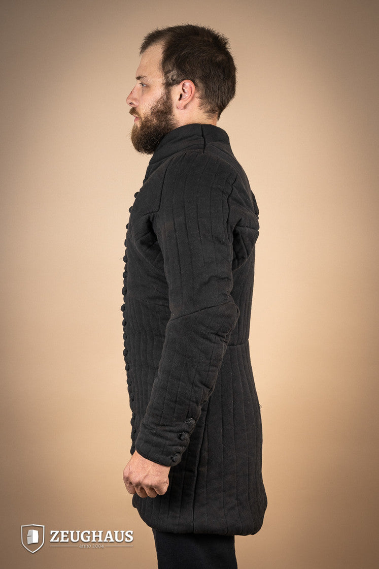 Gambeson 14th Cent. Black, a historical padded garment with button closure, inspired by Charles IV of France, showcasing medieval craftsmanship.