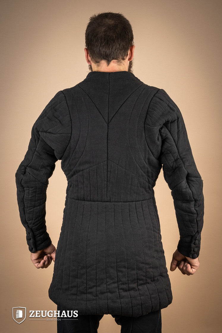 Gambeson 14th Cent. Black, a historical padded garment with button closure, inspired by Charles IV of France, showcasing medieval craftsmanship.