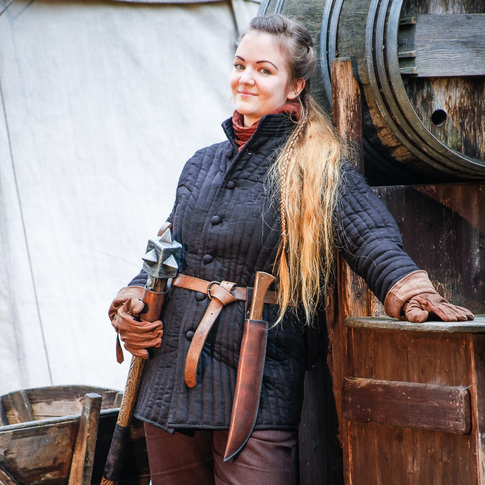 Gambeson Greifenfels Black featuring elegant design, handmade buttons, and medium padding for historical reenactment.