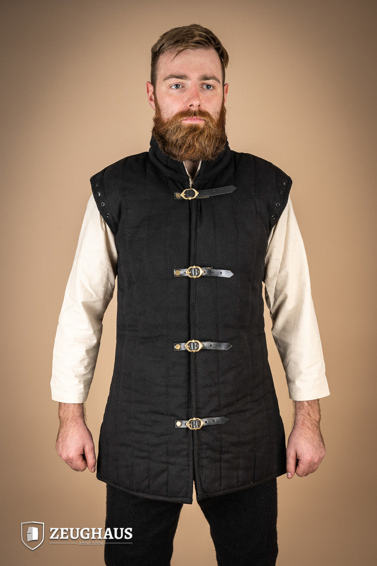 Black gambeson featuring removable laced arms and sturdy buckles for easy dressing, designed for mobility and combat scenarios.