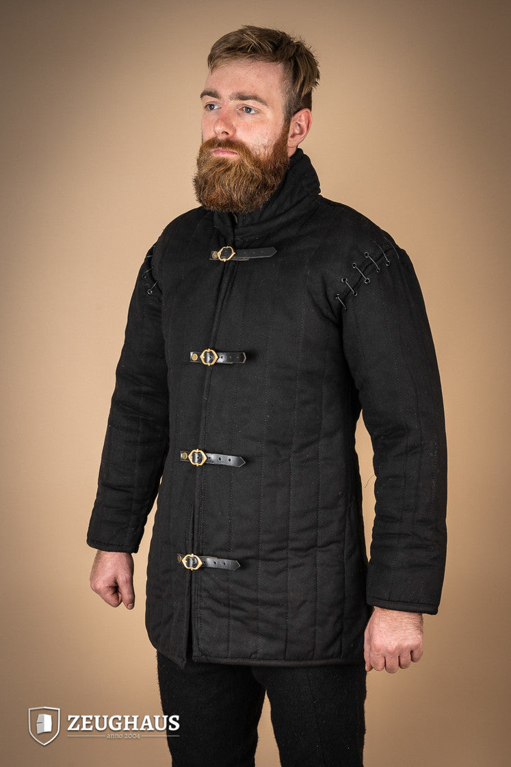 Black gambeson featuring removable laced arms and sturdy buckles for easy dressing, designed for mobility and combat scenarios.