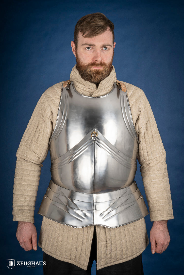 15th Century German Breastplate made of 1.2mm polished steel, featuring brass buckles and a gorget buckle.