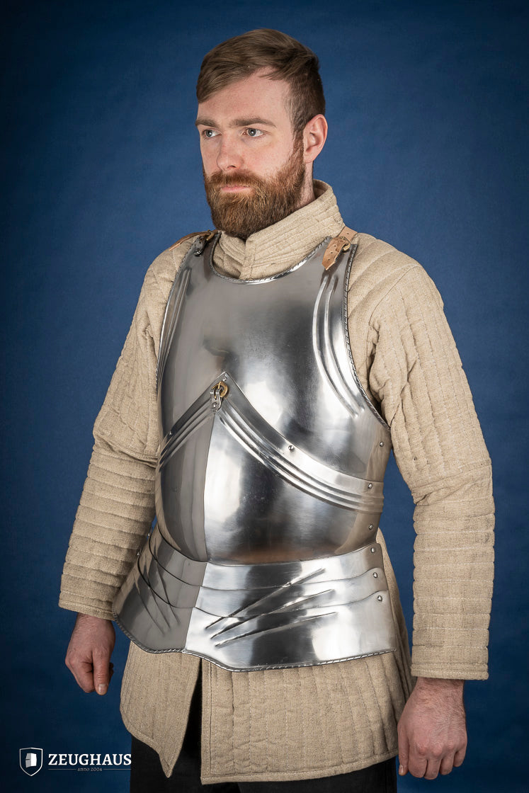 15th Century German Breastplate made of 1.2mm polished steel, featuring brass buckles and a gorget buckle.