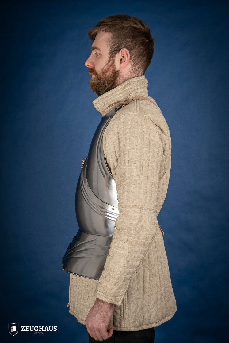 15th Century German Breastplate made of 1.2mm polished steel, featuring brass buckles and a gorget buckle.