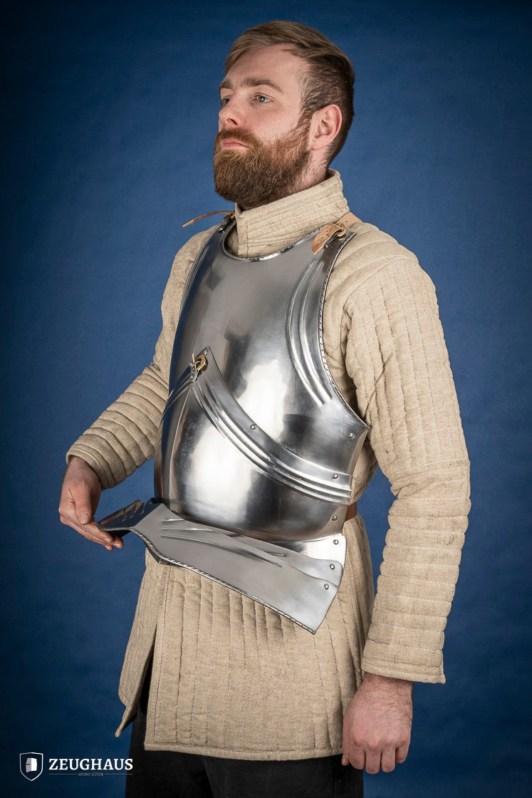 15th Century German Breastplate made of 1.2mm polished steel, featuring brass buckles and a gorget buckle.