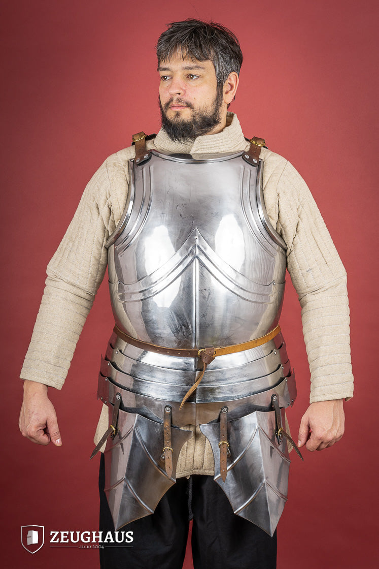 German Cuirass 15th Century 1.2mm Polished armor with hanging tassets, showcasing elegant design and craftsmanship.