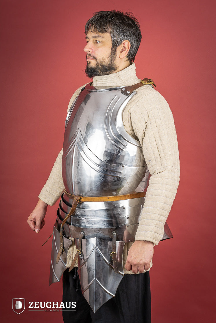 German Cuirass 15th Century 1.2mm Polished armor with hanging tassets, showcasing elegant design and craftsmanship.