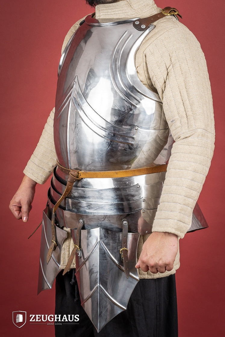 German Cuirass 15th Century 1.2mm Polished armor with hanging tassets, showcasing elegant design and craftsmanship.