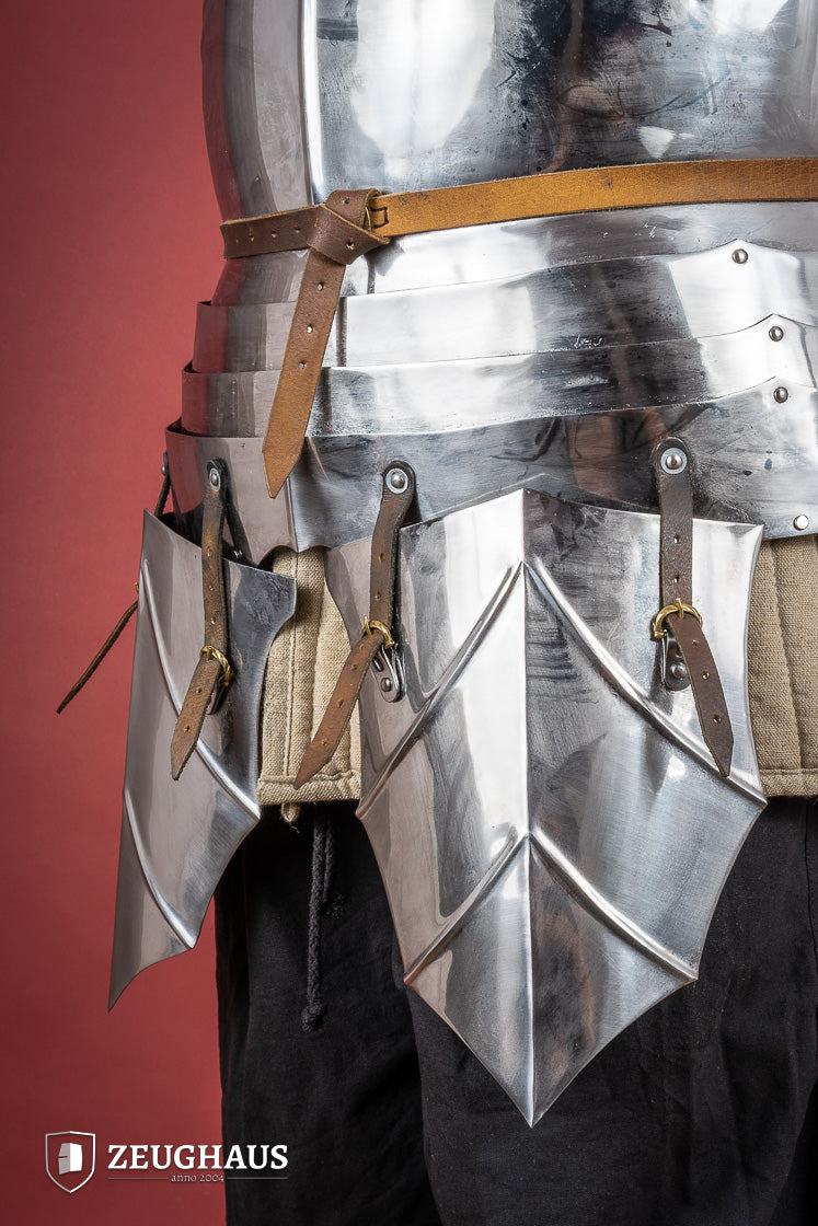 German Cuirass 15th Century 1.2mm Polished armor with hanging tassets, showcasing elegant design and craftsmanship.