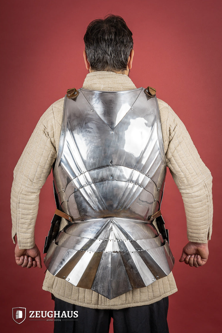 German Cuirass 15th Century 1.2mm Polished armor with hanging tassets, showcasing elegant design and craftsmanship.