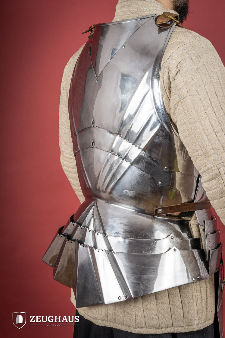 German Cuirass 15th Century 1.2mm Polished armor with hanging tassets, showcasing elegant design and craftsmanship.