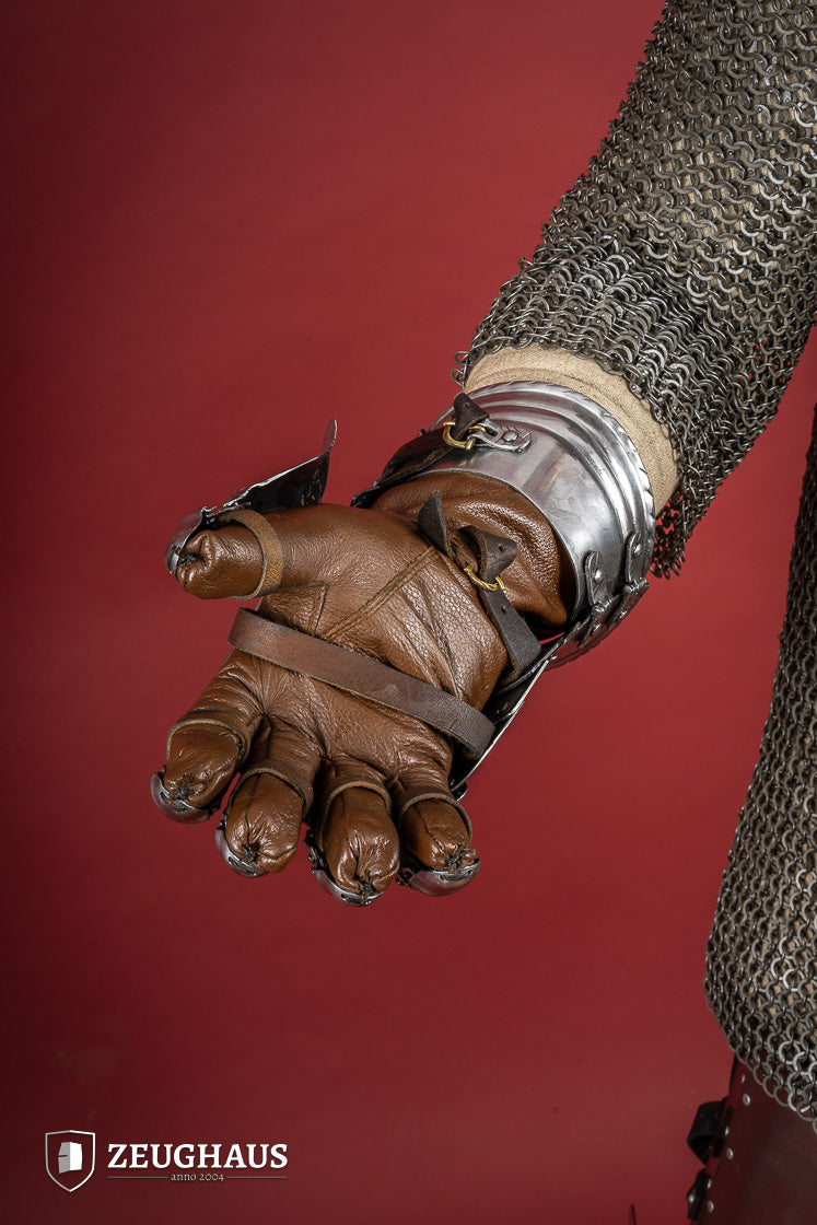 15th Century German Gauntlets made of 1.2mm polished steel with ornate designs and leather gloves.