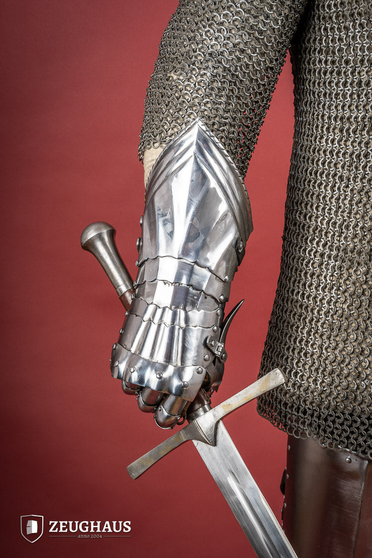 15th Century German Gauntlets made of 1.2mm polished steel with ornate designs and leather gloves.