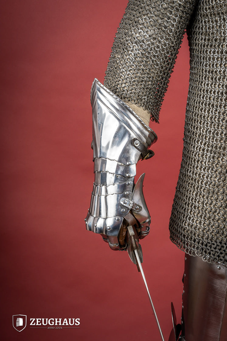 15th Century German Gauntlets made of 1.2mm polished steel with ornate designs and leather gloves.