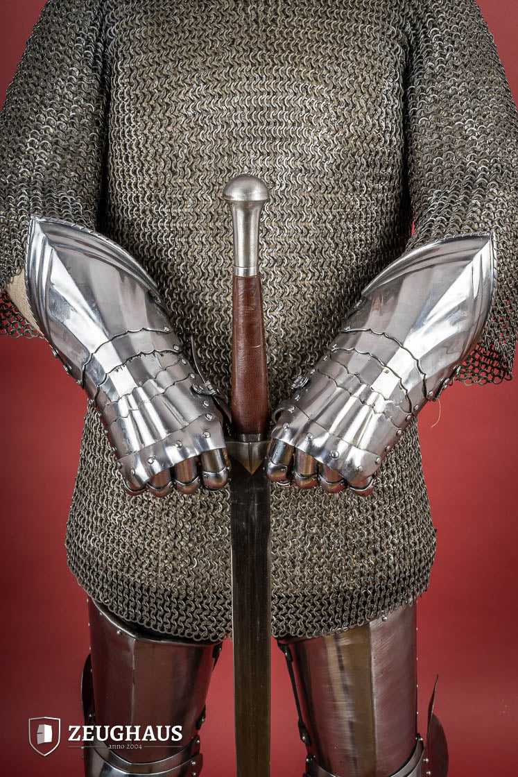 15th Century German Gauntlets made of 1.2mm polished steel with ornate designs and leather gloves.