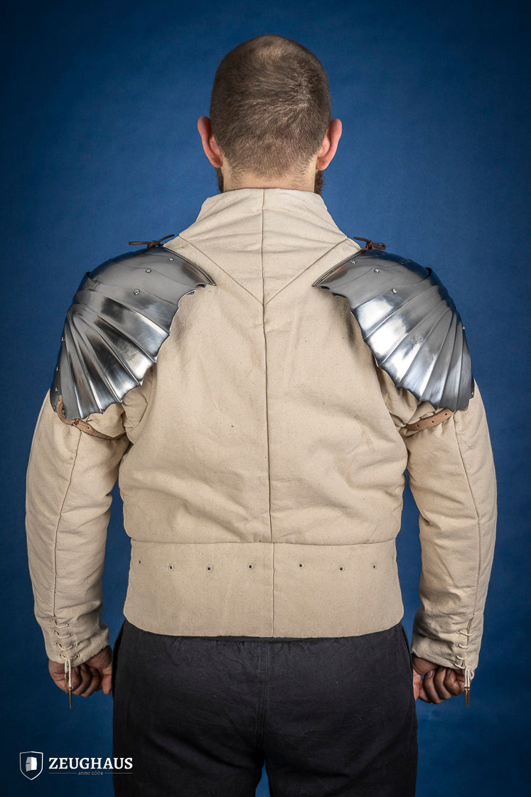 Polished German Pauldrons made of 1.2 mm steel, featuring a layered design and elegant folded style, perfect for historical reenactments.