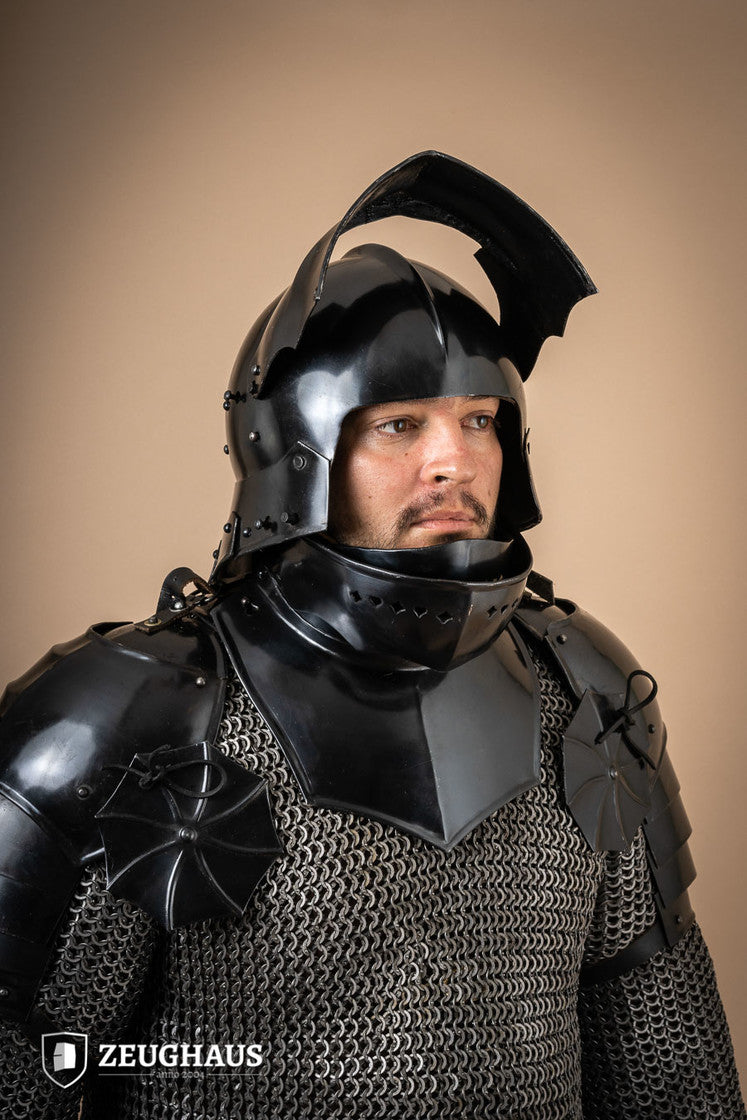 German Sallet Helmet from the 15th century, featuring a burnished finish and leather lining, designed for comfort and mobility.
