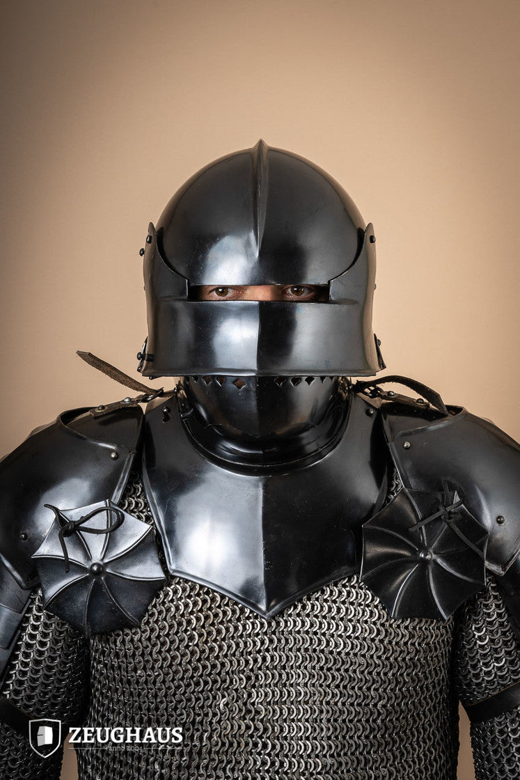 German Sallet Helmet from the 15th century, featuring a burnished finish and leather lining, designed for comfort and mobility.