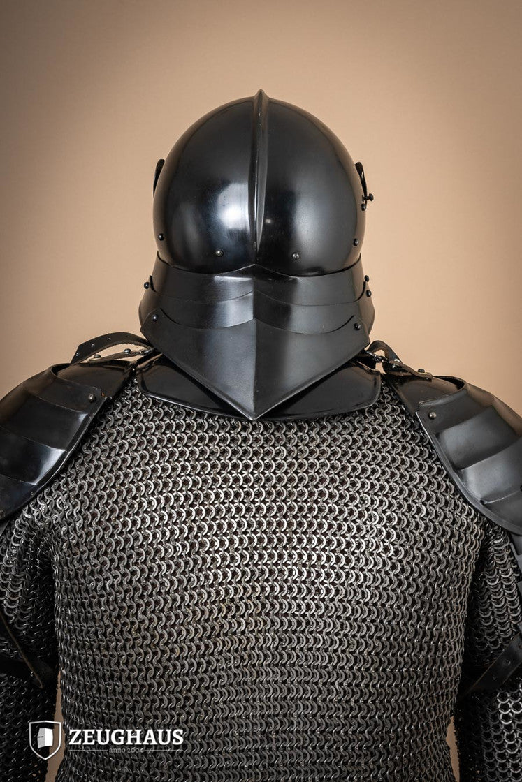 German Sallet Helmet from the 15th century, featuring a burnished finish and leather lining, designed for comfort and mobility.