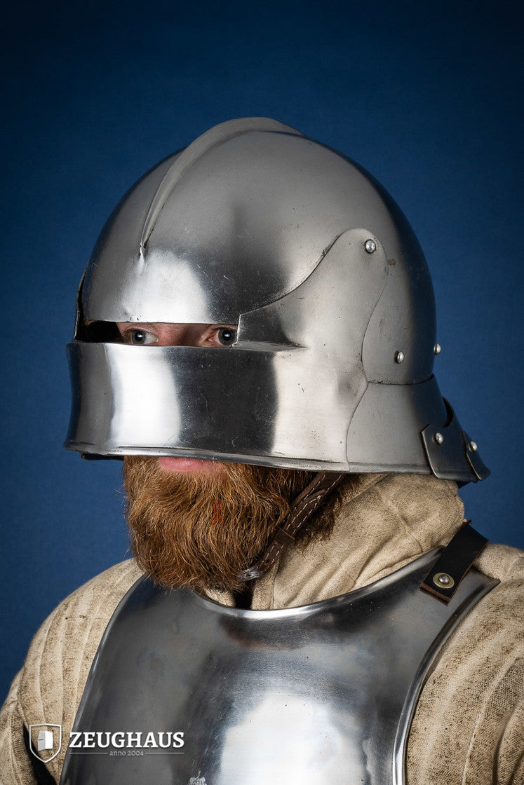 Polished German Sallet Helmet from the 15th century with adjustable visor and leather lining, showcasing historical craftsmanship.