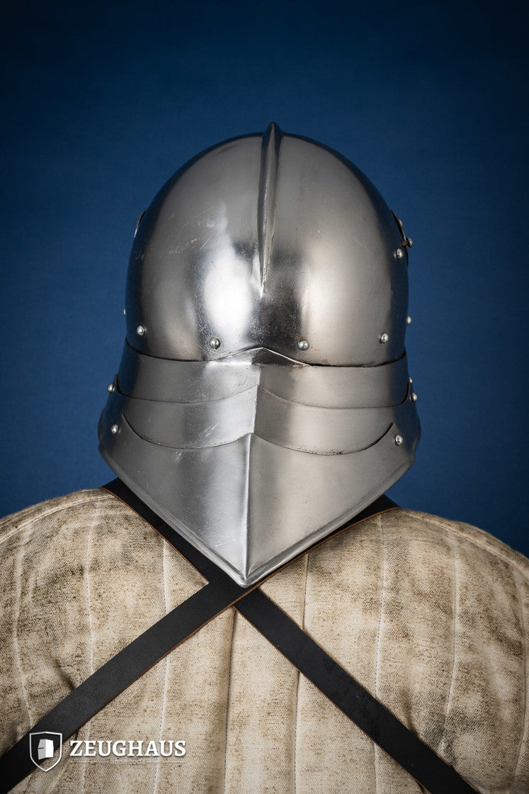 Polished German Sallet Helmet from the 15th century with adjustable visor and leather lining, showcasing historical craftsmanship.