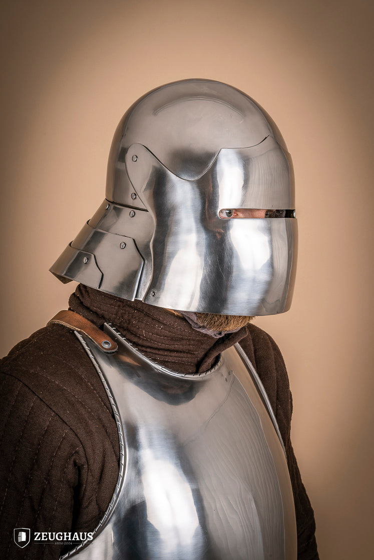 German Sallet Helmet from the 15th century, made of 1.6mm polished steel, featuring a visor and flexible neck construction.