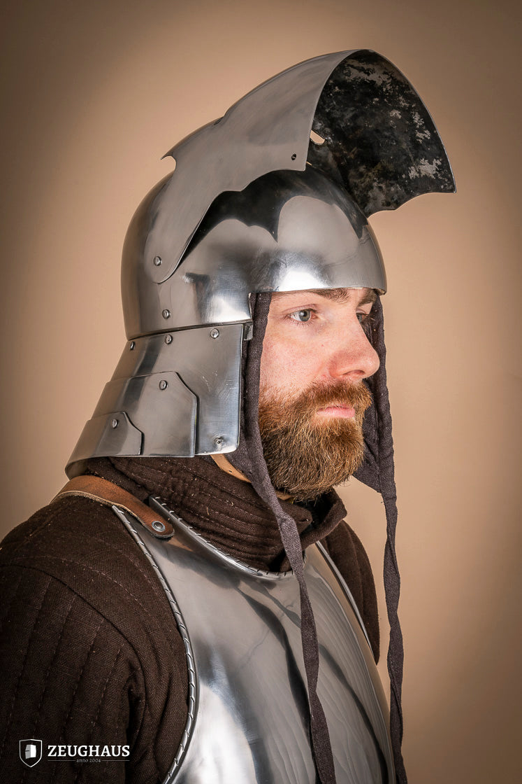 German Sallet Helmet from the 15th century, made of 1.6mm polished steel, featuring a visor and flexible neck construction.