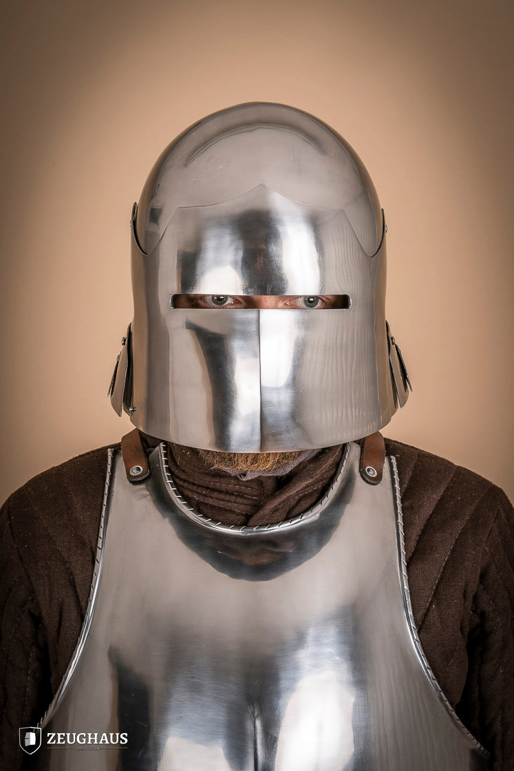 German Sallet Helmet from the 15th century, made of 1.6mm polished steel, featuring a visor and flexible neck construction.