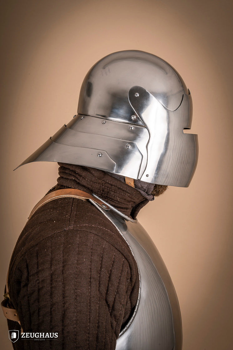 German Sallet Helmet from the 15th century, made of 1.6mm polished steel, featuring a visor and flexible neck construction.