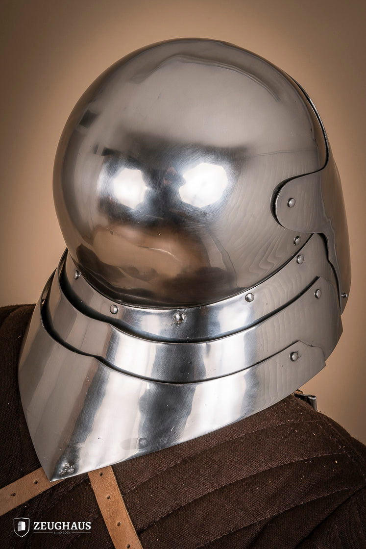 German Sallet Helmet from the 15th century, made of 1.6mm polished steel, featuring a visor and flexible neck construction.