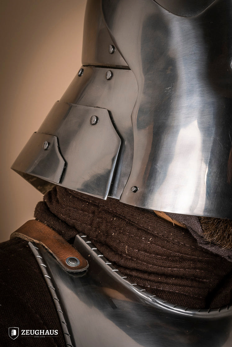 German Sallet Helmet from the 15th century, made of 1.6mm polished steel, featuring a visor and flexible neck construction.