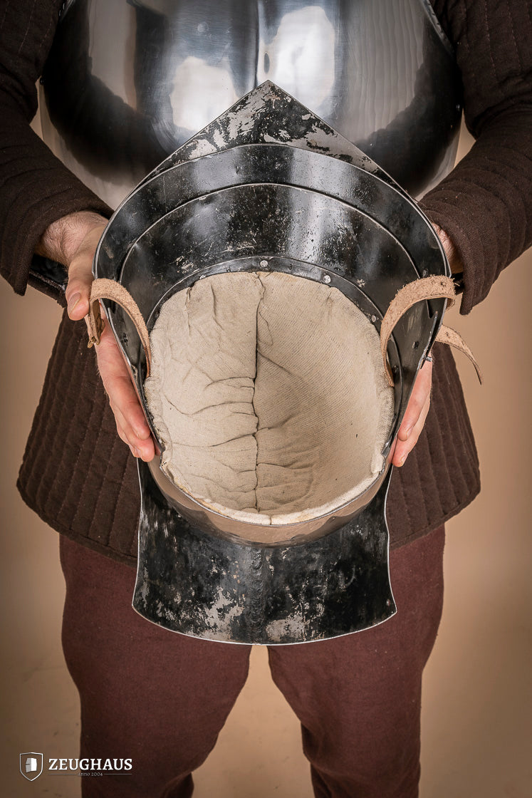 German Sallet Helmet from the 15th century, made of 1.6mm polished steel, featuring a visor and flexible neck construction.