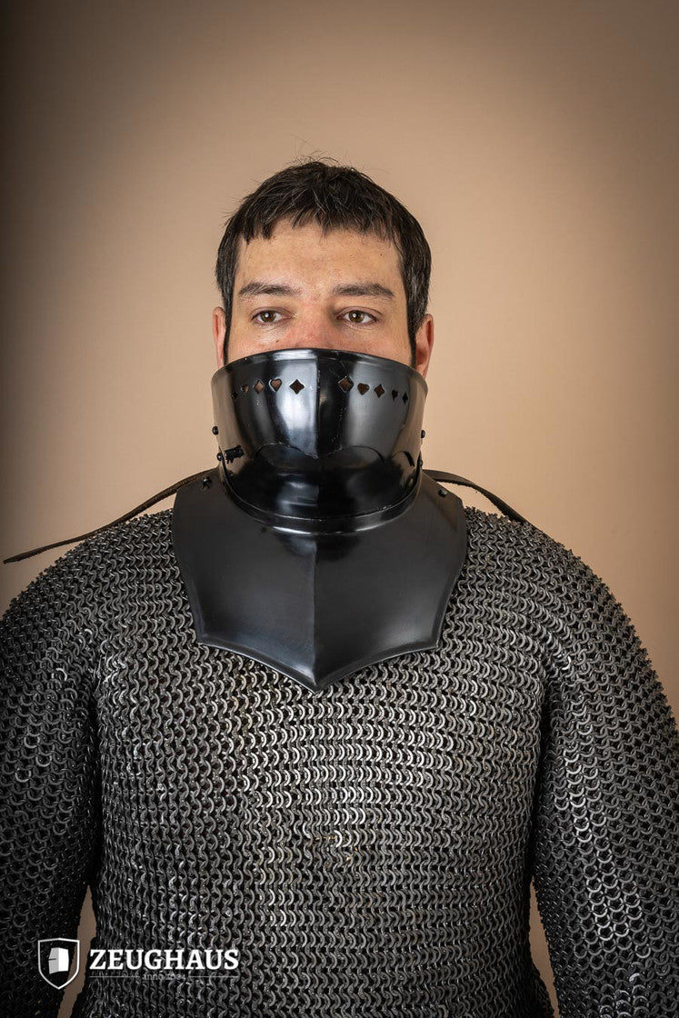 Gorget with Bevor made of 1.6 mm burnished steel, featuring crimped edges and leather straps, designed for historical reenactment.