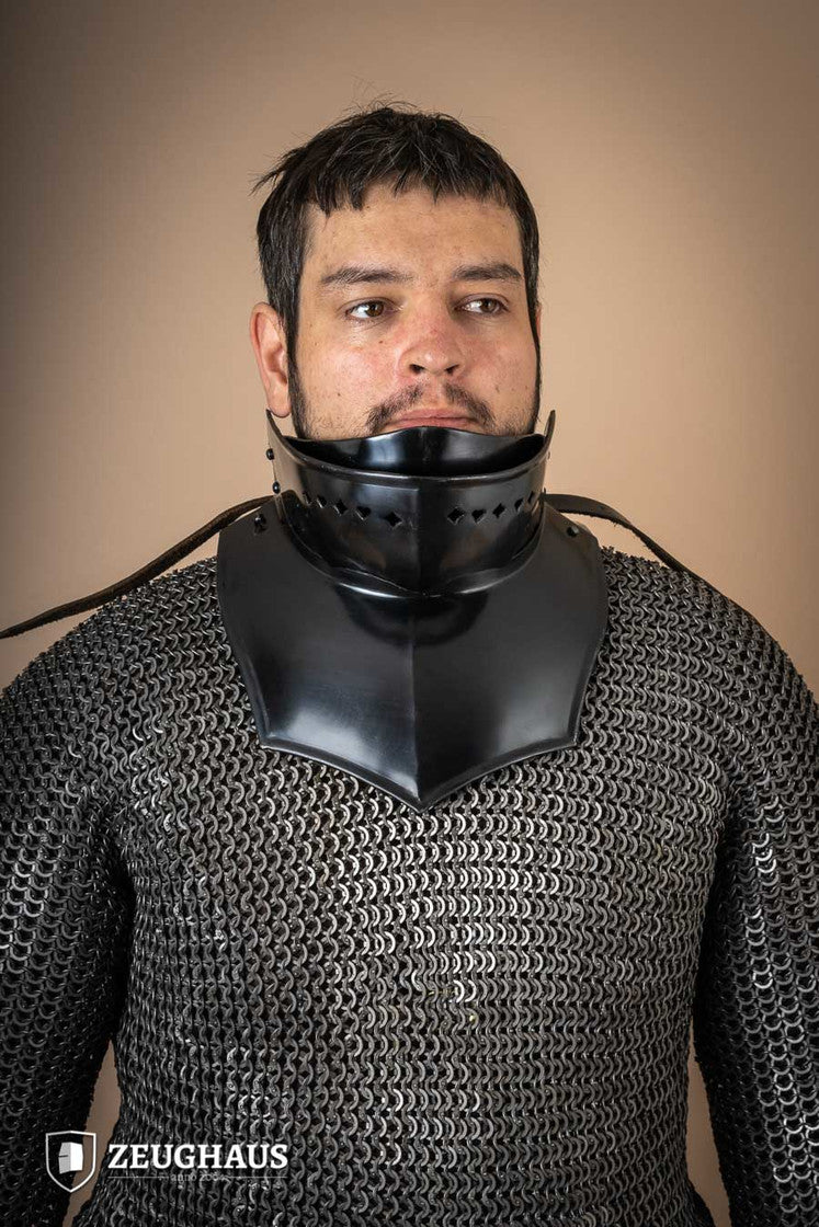 Gorget with Bevor made of 1.6 mm burnished steel, featuring crimped edges and leather straps, designed for historical reenactment.