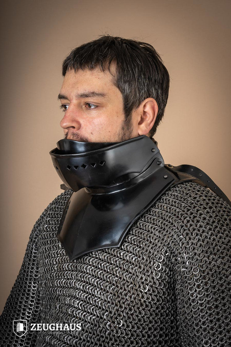 Gorget with Bevor made of 1.6 mm burnished steel, featuring crimped edges and leather straps, designed for historical reenactment.