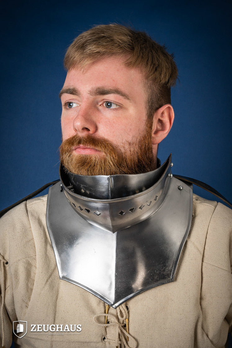 Polished Gorget with Bevor made from 1.6mm steel, featuring a satin finish and removable strap for attachment to other armor pieces.